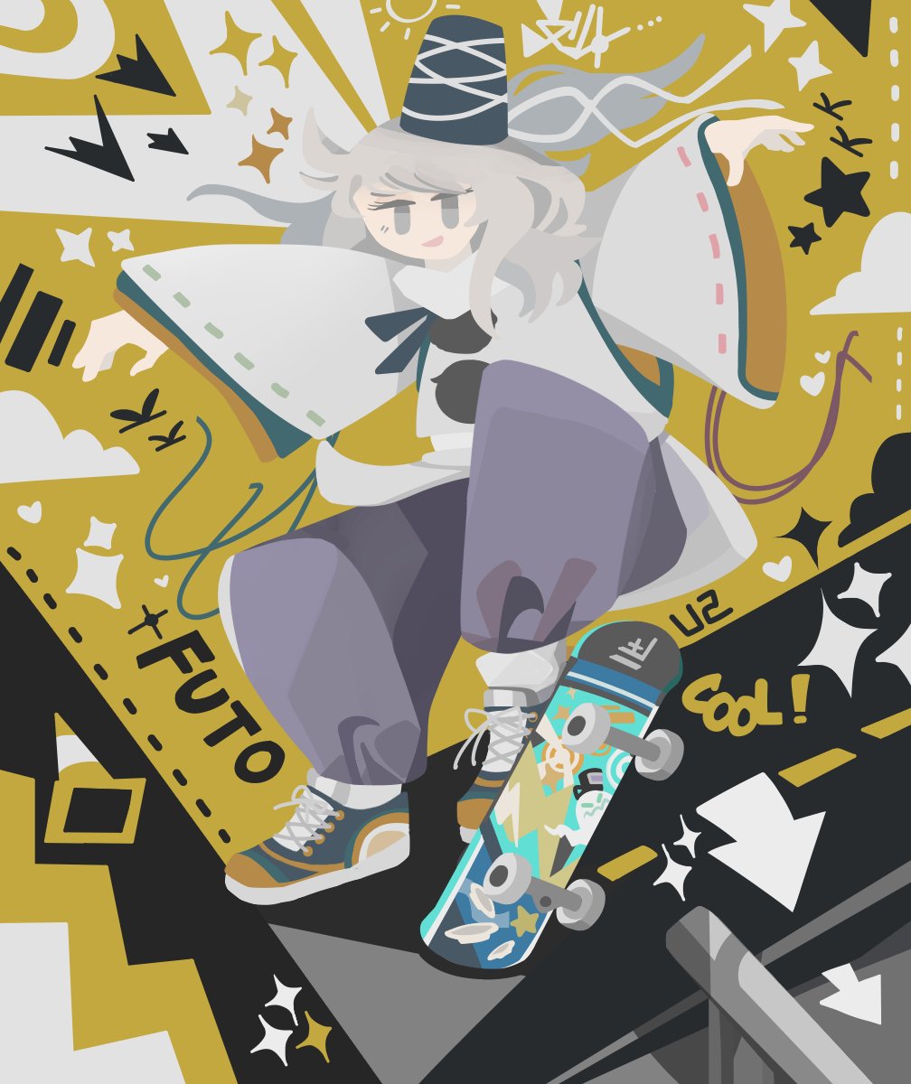 1girl baggy_pants blue_footwear blue_headwear blue_pants character_name clouds cross-laced_footwear english_commentary english_text full_body grey_eyes grey_hair hat hat_ribbon heart highres japanese_clothes kariginu long_sleeves looking_at_viewer medium_hair mononobe_no_futo open_mouth outstretched_arms pants pom_pom_(clothes) ribbon ribbon-trimmed_sleeves ribbon_trim shoes skateboard skateboarding sneakers solo sparkle star_(symbol) sun tate_eboshi thatpebble touhou traffic_cone white_ribbon wide_sleeves