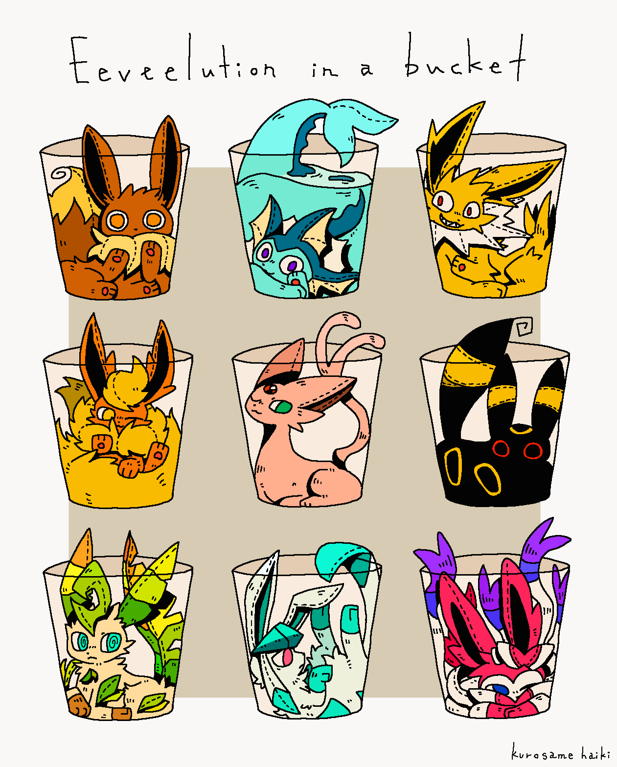 :3 @_@ aqua_eyes artist_name black_eyes blue_eyes closed_mouth cup drinking_glass eevee espeon evolutionary_line fang flareon frown glaceon green_eyes grin highres in_container in_cup jolteon kurosame_haiki leafeon looking_at_viewer lying no_humans one_eye_closed orange_eyes partially_submerged pink_eyes pokemon pokemon_(creature) profile red_eyes smile stitches sylveon umbreon vaporeon violet_eyes water