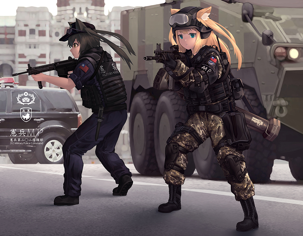 2girls animal_ears aqua_eyes armored_vehicle assault_rifle bangs black_footwear black_gloves blonde_hair blue_jacket blue_pants boots bulletproof_vest camouflage camouflage_jacket camouflage_pants car chinese_commentary chinese_text commentary_request ears_through_headwear eyewear_on_headwear fang_zhenjun full_body gloves goggles goggles_on_headwear grey_hair ground_vehicle gun helmet holding holding_gun holding_weapon jacket knee_pads knife long_hair long_sleeves military military_helmet military_police military_vehicle motor_vehicle multiple_girls original pants republic_of_china_flag rifle rocket_launcher short_sleeves soldier standing tactical_clothes translation_request two_side_up weapon weapon_request
