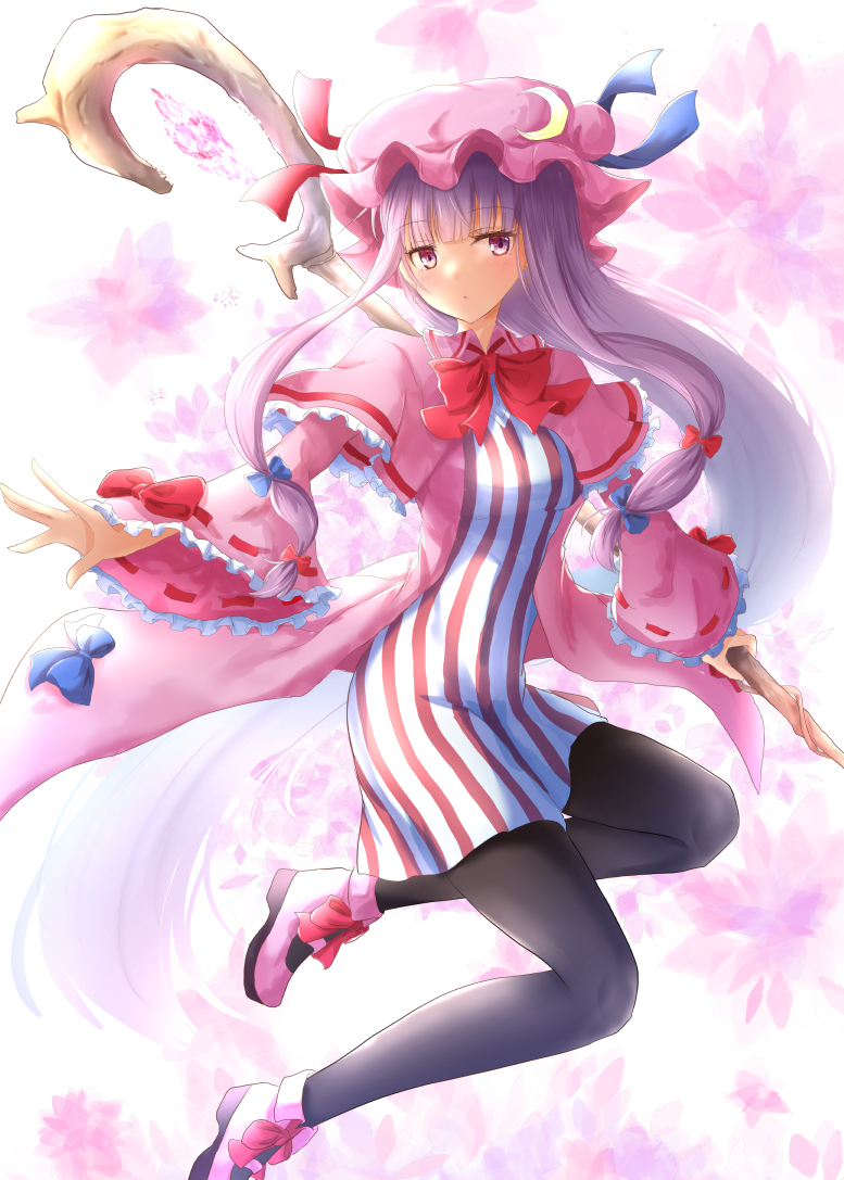 1girl black_legwear blue_bow blush bow breasts crescent dress hair_bow hat long_hair long_sleeves looking_at_viewer mob_cap pantyhose patchouli_knowledge purple_hair ram_hachimin red_bow red_ribbon ribbon solo striped touhou very_long_hair violet_eyes