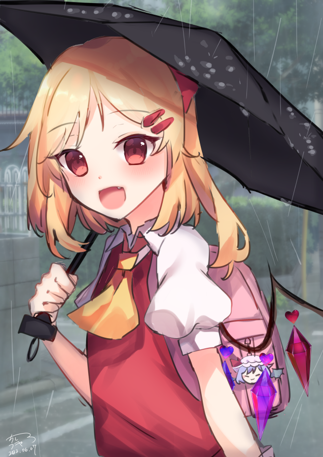 1girl :d ascot bangs bat_wings blonde_hair blush brooch chibi chisiro_unya_(unya_draw) crystal eyebrows_visible_through_hair fang flandre_scarlet hair_ornament hat holding holding_umbrella jewelry looking_at_viewer mob_cap multiple_girls no_hat no_headwear open_mouth outdoors puffy_short_sleeves puffy_sleeves rain red_eyes red_skirt red_vest remilia_scarlet shirt short_sleeves siblings signature sisters skirt skirt_set smile solo touhou umbrella vest white_shirt wings