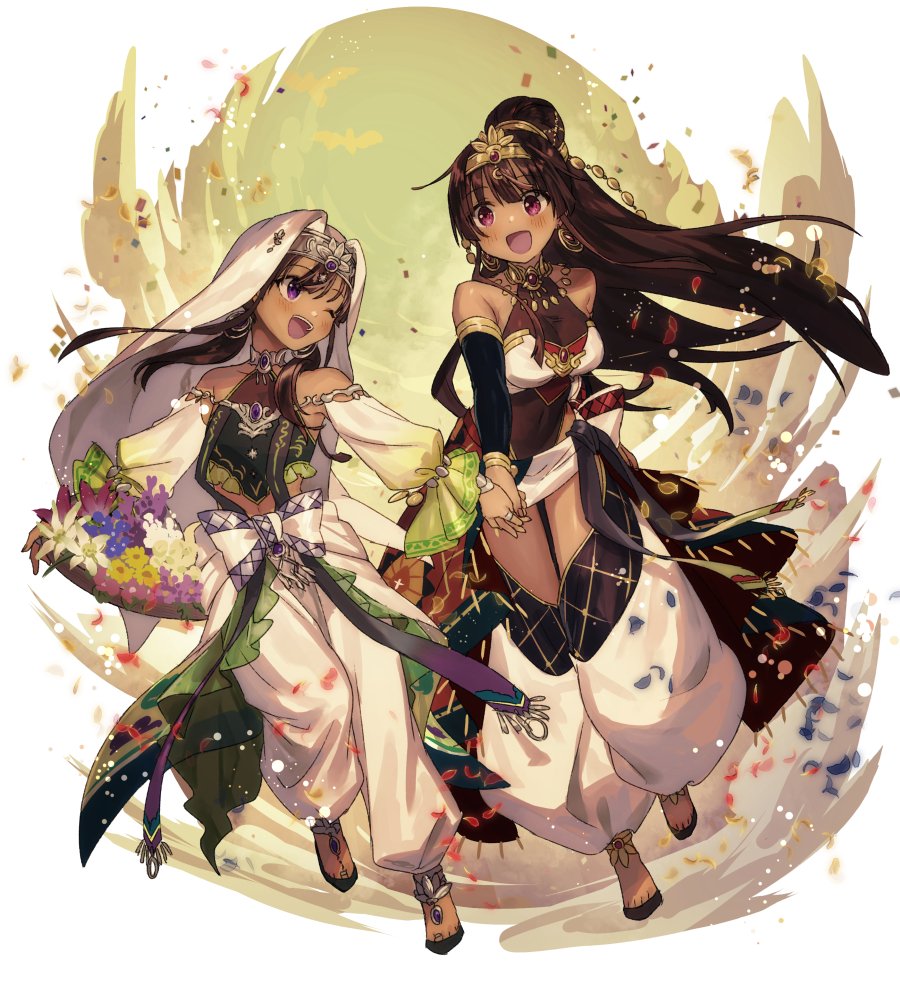 2girls arabian_clothes breasts brown_hair dunyazad_(grimms_notes) earrings flower full_body grimms_notes holding_hands jewelry long_hair multiple_girls necklace one_eye_closed open_mouth ponytail ribbon sakanahen scheherazade_(grimms_notes) smile teeth tiara turban violet_eyes