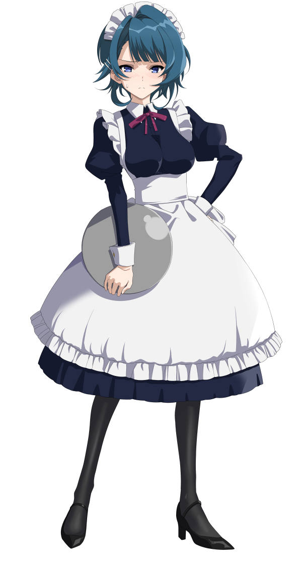 1girl aizawa_kazuha alternate_costume ankle_strap apron assault_lily asymmetrical_hair bangs black_dress black_footwear black_legwear blue_eyes blue_hair blunt_bangs blush breasts closed_mouth collared_dress commentary_request dress enmaided frilled_apron frills full_body hair_ornament hairclip hand_on_hip high_heels holding holding_tray juliet_sleeves long_sleeves looking_at_viewer maid maid_apron maid_headdress medium_breasts mototenn neck_ribbon pantyhose pink_ribbon puffy_sleeves pumps ribbon short_hair simple_background solo standing strappy_heels sweatdrop tray underbust white_apron white_background