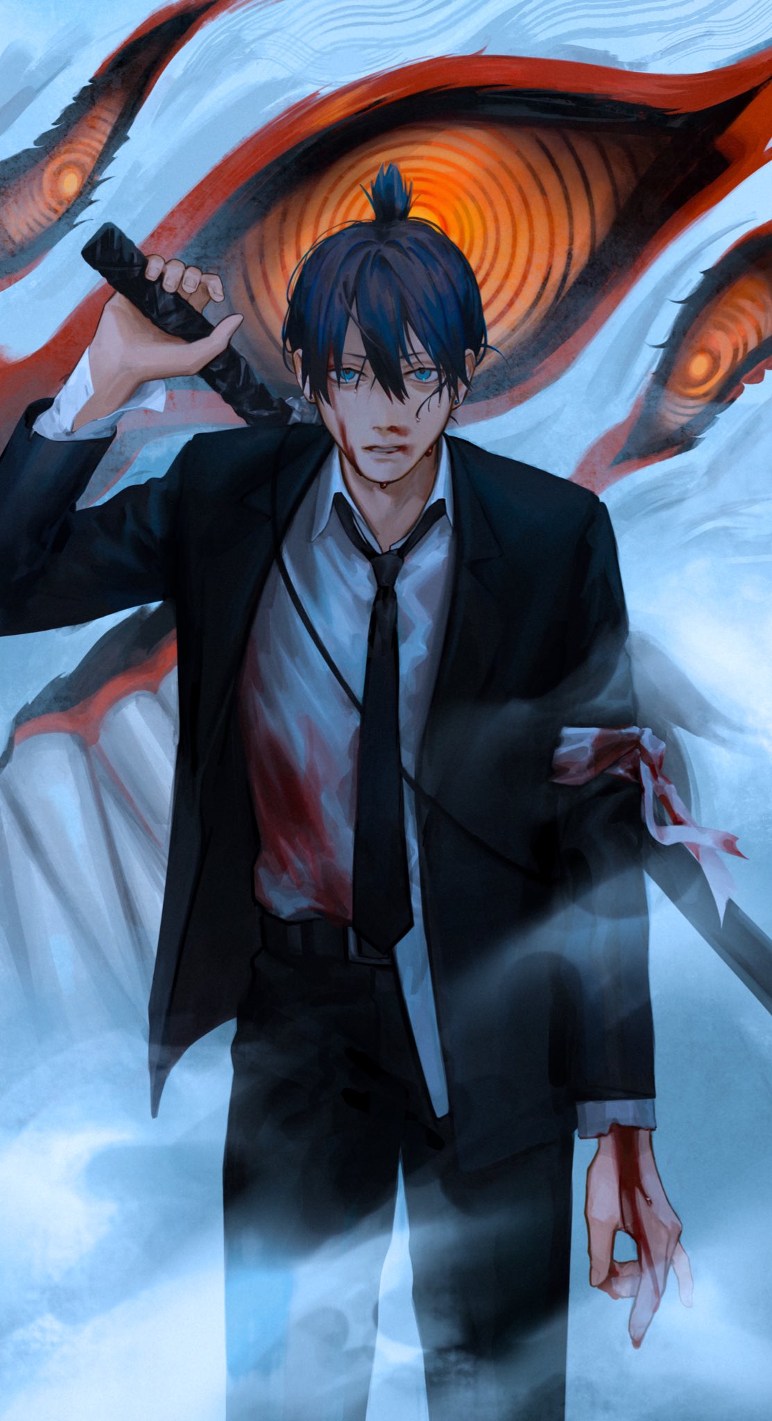 1boy bandaged_arm bandages belt black_hair black_jacket black_necktie black_pants black_suit blood blood_on_clothes blood_on_face blood_on_hands blue_eyes chainsaw_man collared_shirt commentary extra_eyes feet_out_of_frame formal fox_devil_(chainsaw_man) hair_between_eyes hayakawa_aki highres jacket looking_at_viewer male_focus necktie orange_eyes over_shoulder pants parted_lips ringed_eyes seki_(fyfyfy) sharp_teeth shirt short_hair smoke standing suit teeth topknot weapon weapon_over_shoulder white_shirt