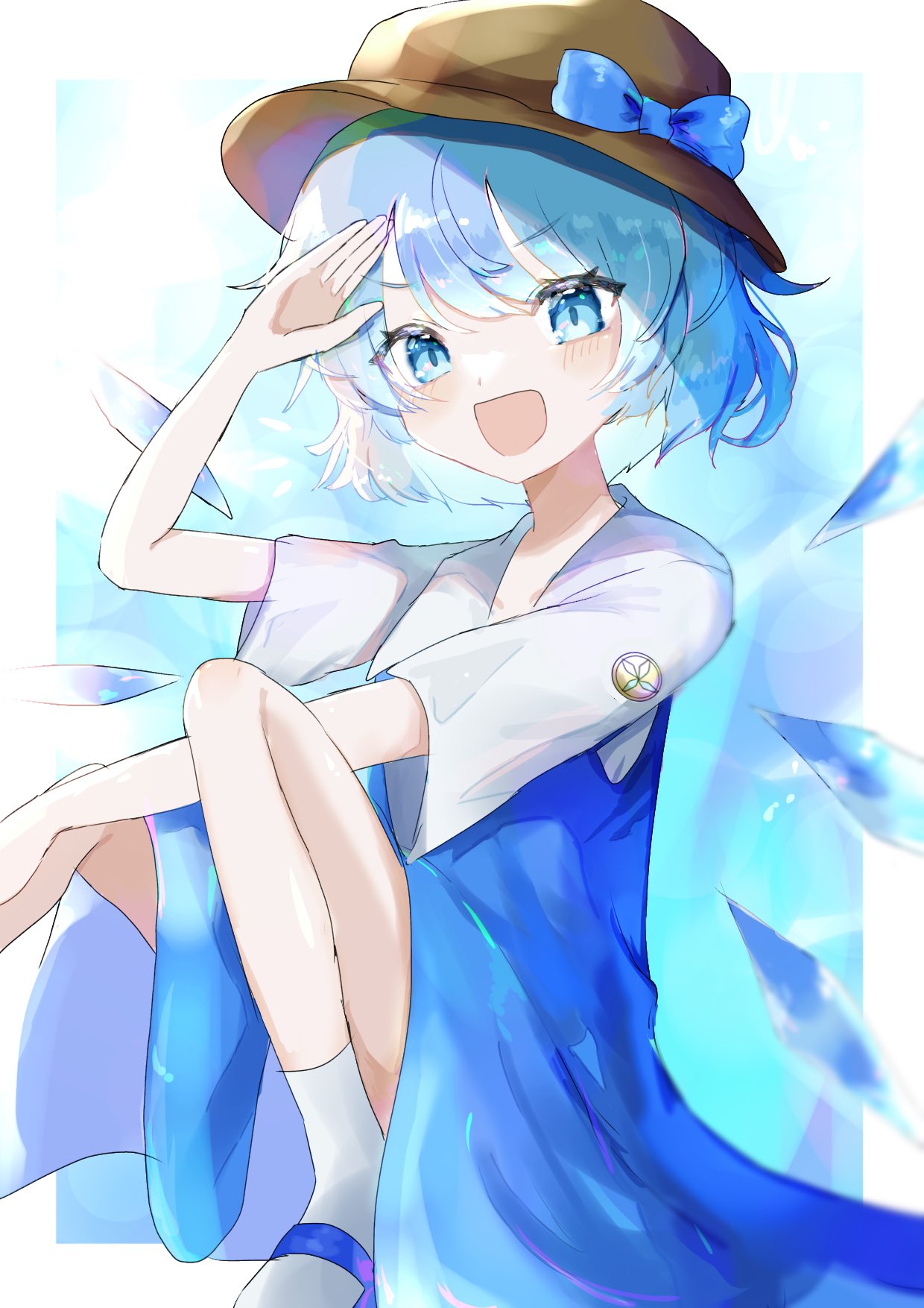 07_nagii 1girl :d arm_up blue_eyes blue_hair blush bow cirno eyebrows_visible_through_hair hat hat_bow highres ice looking_at_viewer open_mouth salute shirt shoes short_hair short_sleeves smile solo touhou white_legwear white_shirt wings