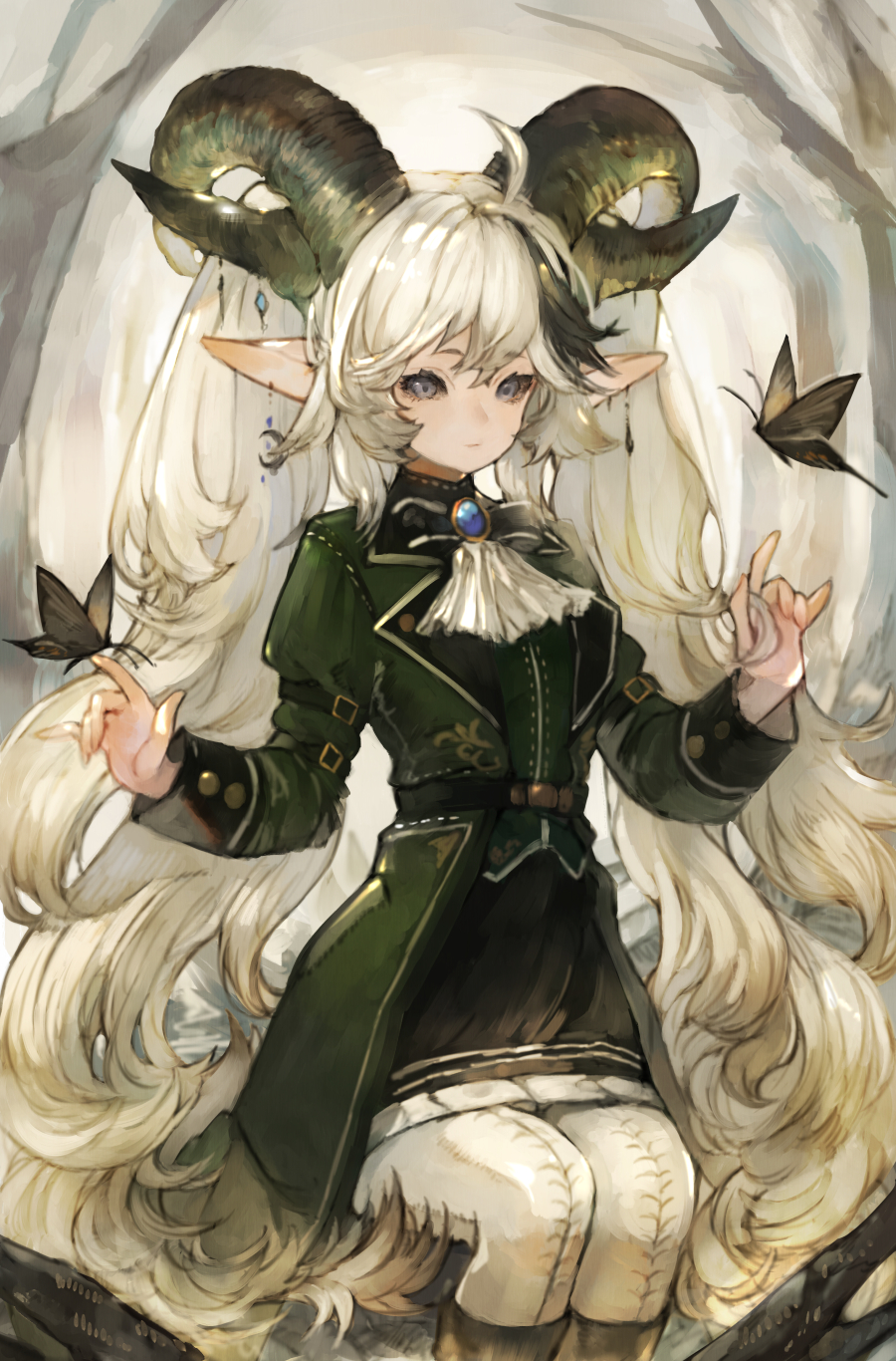 1girl \m/ ahoge arm_strap ascot belt black_footwear black_sclera boots brooch bug butterfly butterfly_on_hand coat colored_sclera commentary commission crescent crescent_earrings curled_horns earrings expressionless eyebrows_visible_through_hair feet_out_of_frame green_coat grey_eyes high_collar highres horn_ornament horns jewelry kemomin_nosuke knee_boots long_hair long_sleeves looking_at_viewer monster_girl multiple_horns original pants pointy_ears sitting skeb_commission solo twintails very_long_hair white_ascot white_hair white_pants