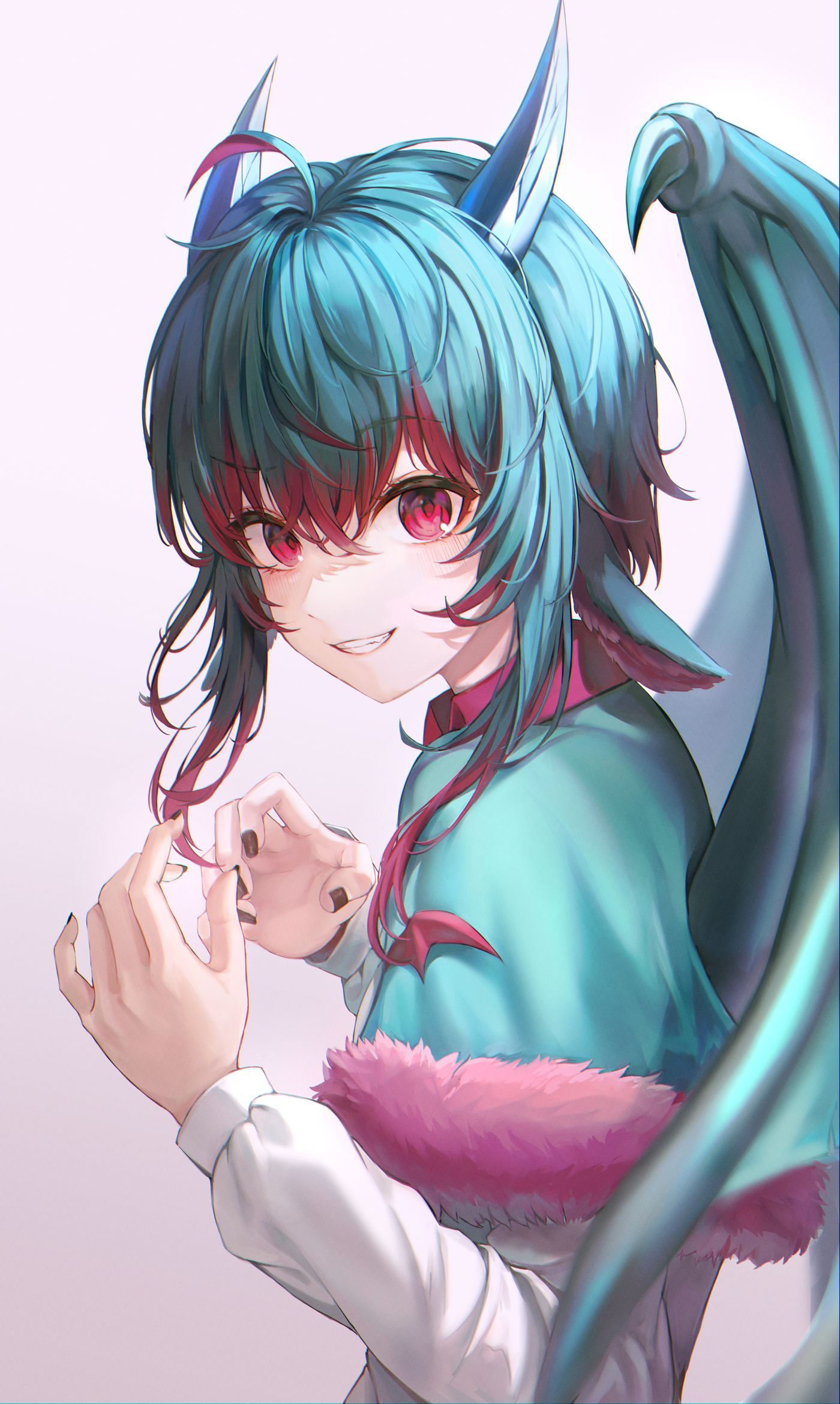 1girl bangs black_nails blue_hair dragon_horns dragon_wings eyebrows_visible_through_hair fur_trim grey_background grin hair_between_eyes highres holding horns long_sleeves mirage_(rairudiseu) multicolored_hair nail_polish original red_eyes shirt short_hair simple_background smile solo upper_body wings