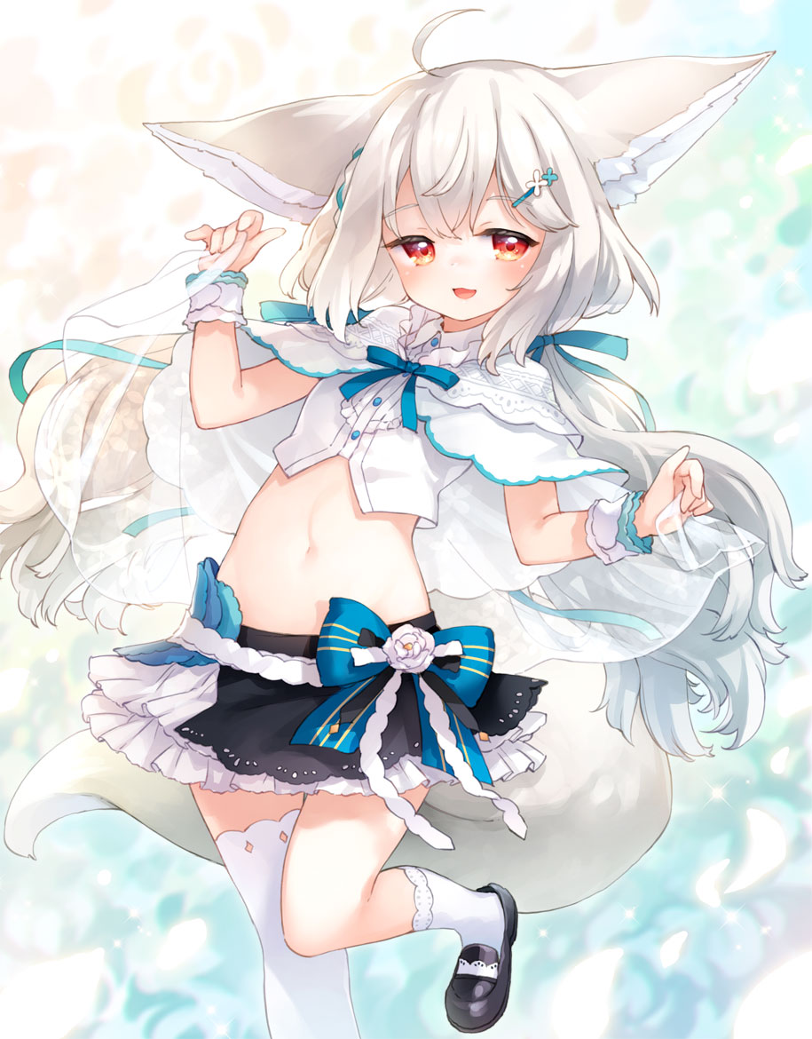 1girl animal_ears commission fox_ears fox_girl fox_tail hair_ornament kito_(sorahate) long_hair looking_at_viewer low_twintails original red_eyes sakurada_shiro skeb_commission skirt solo tail twintails very_long_hair white_hair