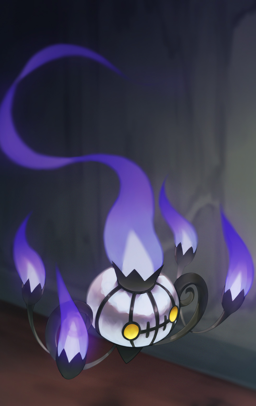 blurry chandelier chandelure commentary_request fire flame floating highres indoors looking_down naoki_eguchi no_humans pokemon pokemon_(creature) purple_fire yellow_eyes