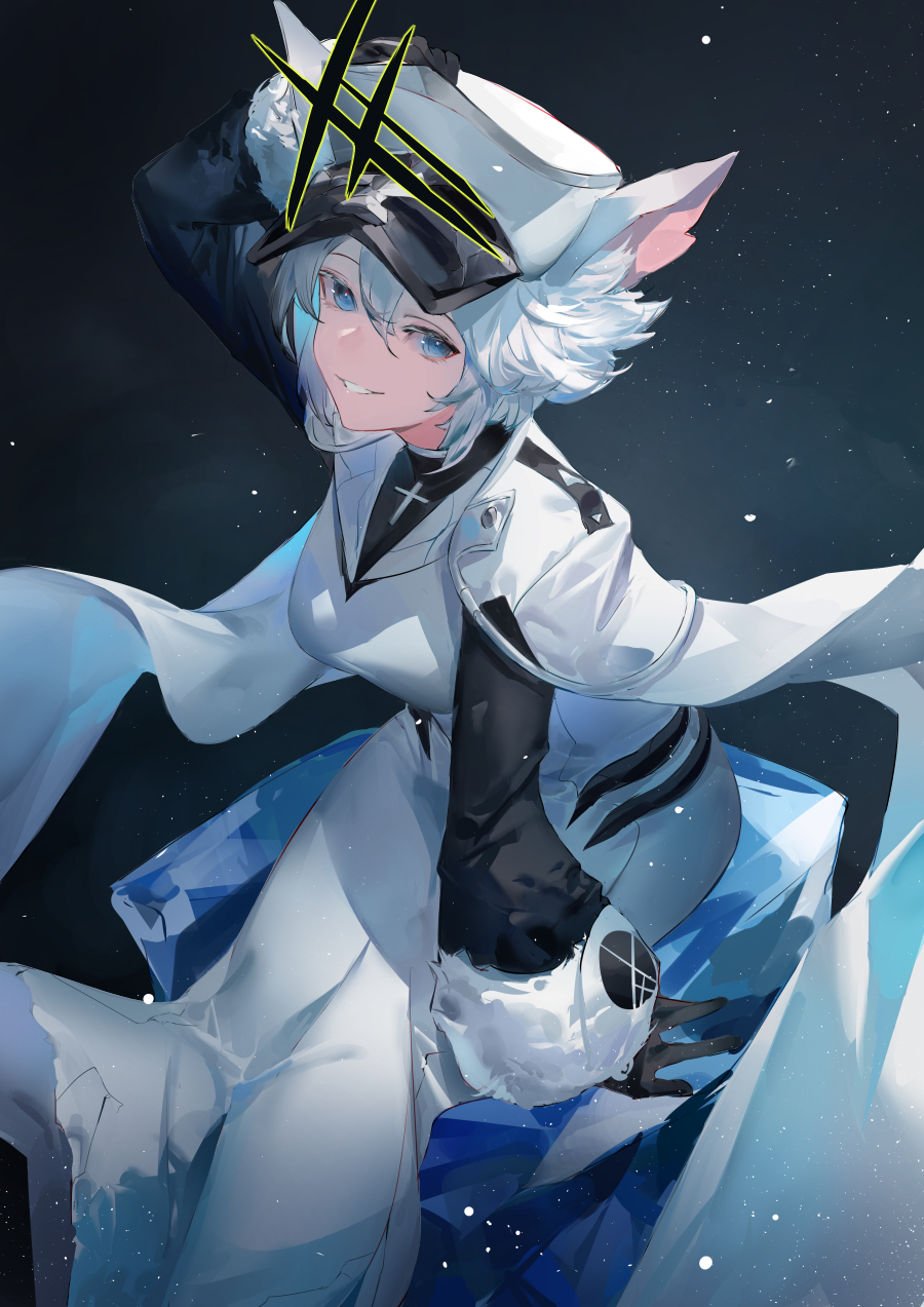 1girl alchemy_stars animal_ears bangs black_gloves blazpu blue_eyes breasts cape cat_ears cross dress feet_out_of_frame gloves hand_on_headwear hat highres ice latin_cross long_sleeves looking_at_viewer medium_breasts open_mouth peaked_cap philyshy_(alchemy_stars) short_hair sitting smile solo teeth white_cape white_dress white_hair white_headwear
