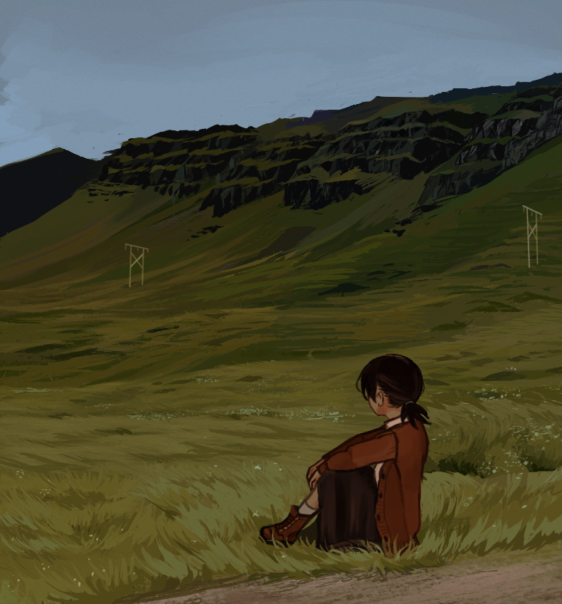 1girl bangs black_hair black_skirt boots clouds field grass io_(onisarashi) landscape looking_afar mountain nature on_grass original outdoors overcast rural scenery short_hair short_ponytail sitting skirt solo transmission_tower