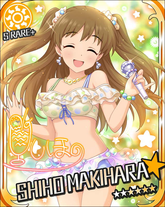 bikini blush brown_hair character_name closed_eyes idolmaster idolmaster_cinderella_girls long_hair makihara_shiho smile stars