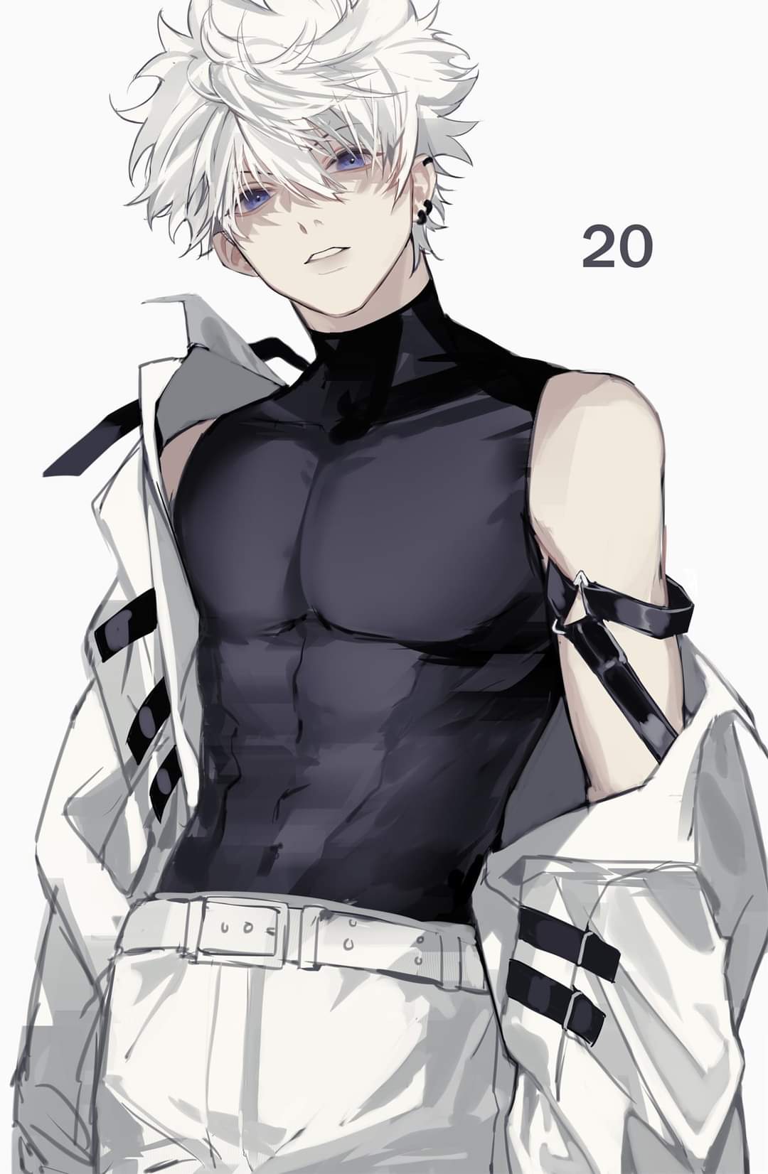 1boy abs bangs belt black_shirt blue_eyes cowboy_shot earrings hair_between_eyes highres hunter_x_hunter jacket jewelry killua_zoldyck long_sleeves looking_at_viewer male_focus multiple_earrings off_shoulder older open_clothes open_jacket pants parted_lips shirt simple_background sleeveless sleeveless_shirt solo spiky_hair tight tight_shirt to_e toned toned_male turtleneck white_background white_hair white_jacket white_pants