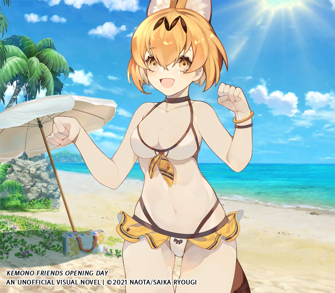 1girl animal_ear_fluff animal_ears beach bikini blonde_hair breasts cat_ears cat_tail copyright extra_ears kemono_friends looking_at_viewer open_mouth outdoors saika_ryougi serval_(kemono_friends) short_hair smile solo standing swimsuit tail white_bikini yellow_eyes