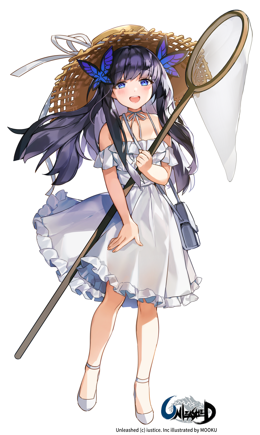 1girl bag bangs bare_legs black_hair blue_bag blue_eyes brown_headwear butterfly_hair_ornament choker collarbone commentary_request dress flower frilled_dress frills full_body hair_ornament hat high_heels highres long_hair looking_at_viewer mo:oku off-shoulder_dress off_shoulder official_art open_mouth original ribbon ribbon_choker shoulder_bag simple_background sky solo spaghetti_strap straw_hat summer sun_hat sundress sunflower teeth unleashed upper_teeth very_long_hair white_background white_dress white_footwear white_ribbon