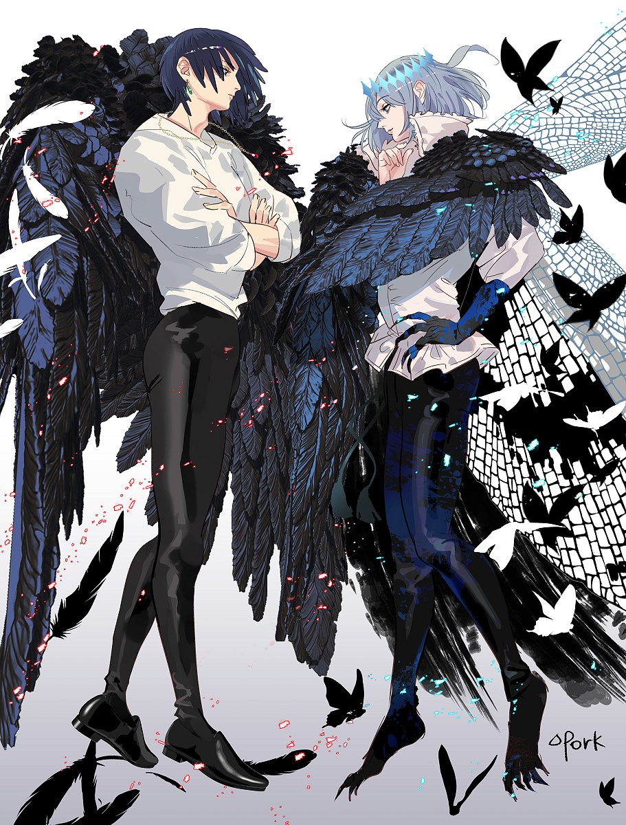 2boys animal_feet animal_hands artist_name bangs barefoot black_footwear black_hair blue_pants bob_cut bug butterfly claws crossed_arms crossover crown deltapork earrings faceoff fate/grand_order fate_(series) feathered_wings feathers floating floating_hair from_side full_body gradient gradient_background grey_background grey_hair hairstyle_connection hand_on_hip hand_up highres howl_(howl_no_ugoku_shiro) howl_no_ugoku_shiro insect_wings jewelry light_particles long_sleeves looking_at_another looking_away looking_down multiple_boys necklace oberon_(fate) pants popped_collar profile shirt shoes silhouette thinking white_shirt wings