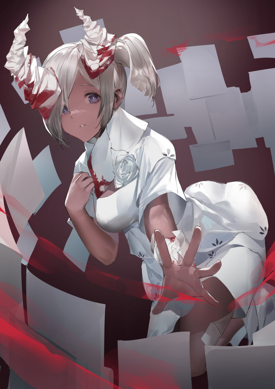 1girl alchemy_stars bandaged_arm bandages bandaid bandaid_on_leg blazpu blood blood_on_clothes blue_eyes boots breasts dress flower grey_hair hand_up highres horns looking_at_viewer magical_girl medium_breasts outstretched_arm paper pasolo_(alchemy_stars) reaching_out rose short_hair short_sleeves side_ponytail solo white_dress white_flower white_footwear white_rose