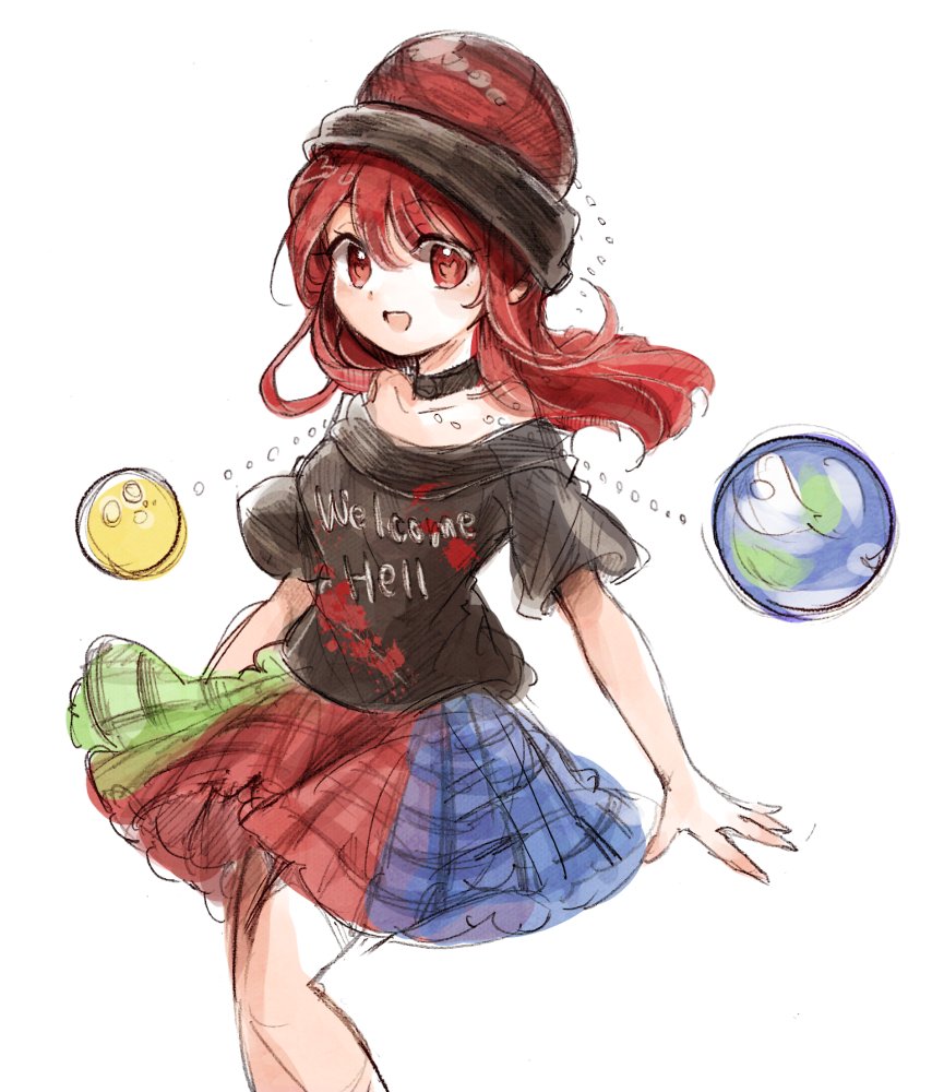 1girl :d bare_shoulders black_shirt breasts clothes_writing collar green_skirt hecatia_lapislazuli hiroshige_36 long_hair looking_at_viewer miniskirt off-shoulder_shirt off_shoulder open_mouth plaid plaid_skirt polos_crown red_eyes redhead shirt short_sleeves simple_background sketch skirt smile solo t-shirt touhou white_background