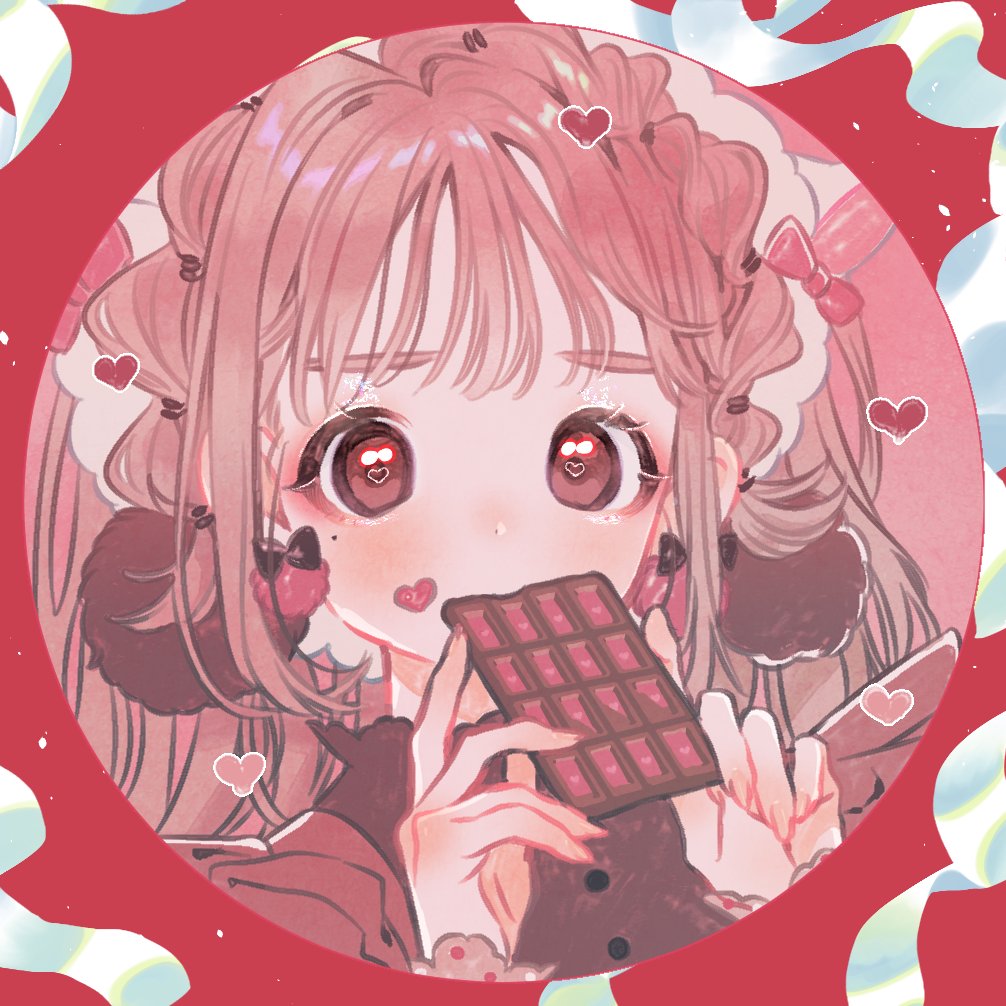 1girl benko blush bow braid brown_eyes brown_hair candy chocolate chocolate_bar circle commentary_request earrings eating eyeshadow food hairband heart heart-shaped_pupils holding holding_chocolate holding_food jewelry long_hair looking_at_viewer makeup mole mole_under_eye mouth_hold original pom_pom_(clothes) pom_pom_earrings red_bow solo symbol-shaped_pupils upper_body