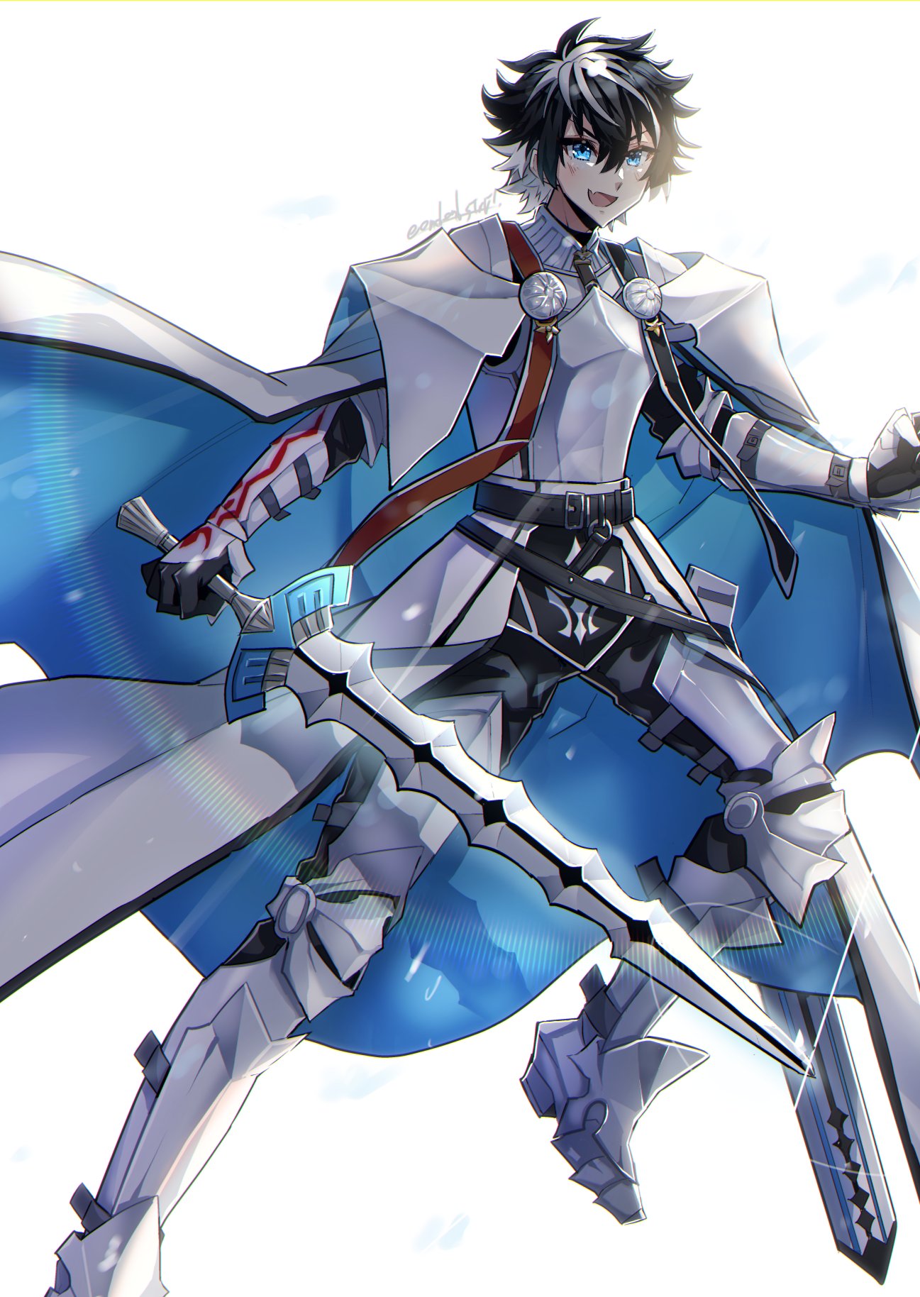 1boy :d armor bishounen black_hair blue_eyes breastplate cape charlemagne_(fate) fate/extella fate/extella_link fate/extra fate/grand_order fate_(series) full_body gauntlets greaves haoro highres joyeuse_ordre_(fate) multicolored_hair pauldrons sheath short_hair shoulder_armor simple_background smile solo sword two-tone_hair waistcoat weapon white_background white_hair