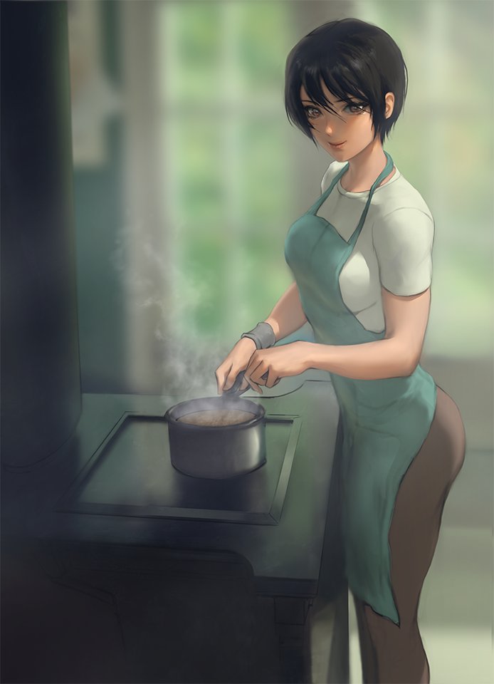 1girl apron black_hair blurry blurry_background breasts cooking grin infi large_breasts looking_at_viewer mikasa_ackerman pot shingeki_no_kyojin short_hair smile solo steam stove