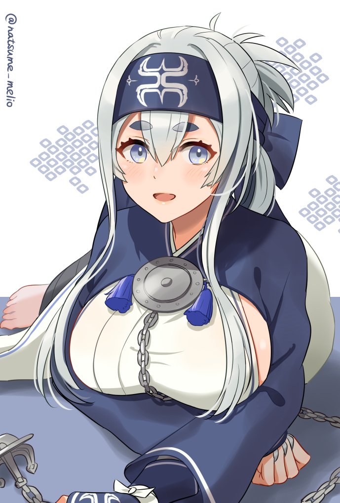 1girl ainu ainu_clothes anchor bandana blue_eyes blue_hair blue_headband breasts cropped_jacket dress folded_ponytail hair_between_eyes headband kamoi_(kancolle) kantai_collection large_breasts lips looking_at_viewer lying multicolored_hair natsume_(natsume_melio) on_stomach open_mouth pelvic_curtain sideboob sidelocks sleeveless sleeveless_dress solo thick_eyebrows thigh-highs white_dress white_hair wrist_guards