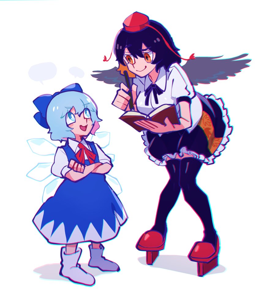 2girls bird_wings black_hair black_legwear black_ribbon black_skirt black_wings blue_bow blue_dress blue_eyes blue_hair bow bright_pupils calligraphy_brush cirno collared_shirt dress eyebrows_visible_through_hair frilled_skirt frills full_body geta hair_between_eyes hair_bow hat height_difference holding holding_brush holding_notebook ice ice_wings iganashi1 kneehighs leaf-pattern_stripe leaning_forward long_dress looking_at_another looking_down looking_up multiple_girls neck_ribbon notebook open_mouth paintbrush pinafore_dress puffy_short_sleeves puffy_sleeves raised_eyebrow red_eyes red_footwear red_ribbon ribbon shadow shameimaru_aya shirt short_hair short_sleeves simple_background skirt smile socks speech_bubble tengu-geta tokin_hat touhou white_background white_pupils white_shirt wings writing