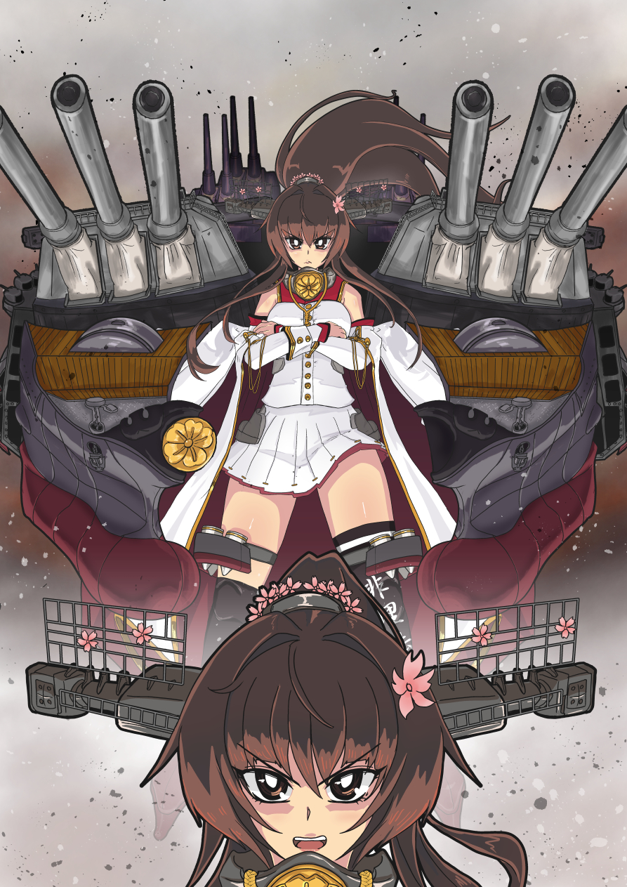 1girl brown_eyes brown_hair cannon cherry_blossoms clothes_writing clothing_cutout coat coat_on_shoulders collar crossed_arms flower gunbuster_pose hair_flower hair_intakes hair_ornament headgear highres issandshinnichi kantai_collection long_hair metal_collar pleated_skirt ponytail rigging shoulder_cutout sidelocks skirt sleeveless_coat thigh_strap top_wo_nerae! turret very_long_hair white_coat white_skirt yamato_(kancolle) yamato_kai_ni_(kancolle)