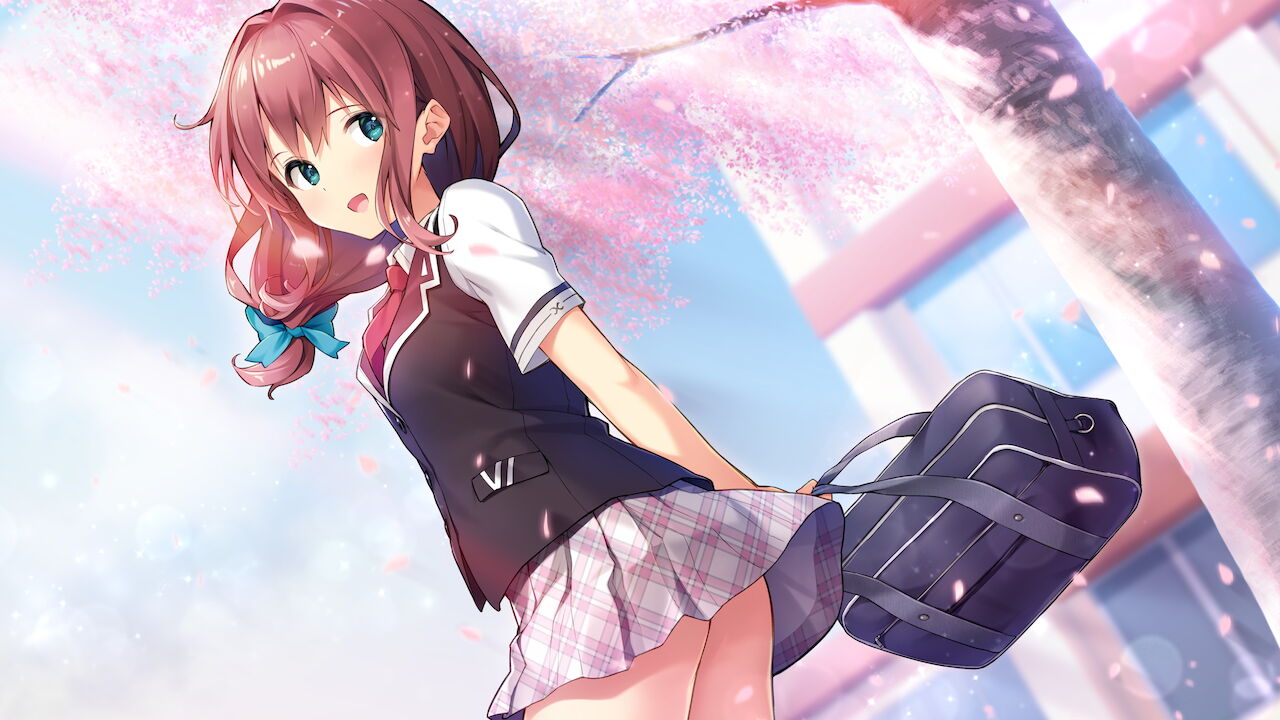 1girl :d arm_behind_back artist_request bag bangs blue_eyes brown_hair cherry_blossoms collared_shirt cowboy_shot day dutch_angle floating_hair from_side game_cg grey_vest hair_between_eyes hair_intakes holding holding_bag lens_flare long_hair low-tied_long_hair miniskirt miyamura_miku necktie non-web_source outdoors plaid plaid_skirt pleated_skirt red_necktie school_bag school_uniform shiny shiny_hair shirt short_sleeves skirt smile solo spring_(season) standing sunlight uchi_wa_mou_enki_dekinai. vest white_shirt white_skirt wing_collar