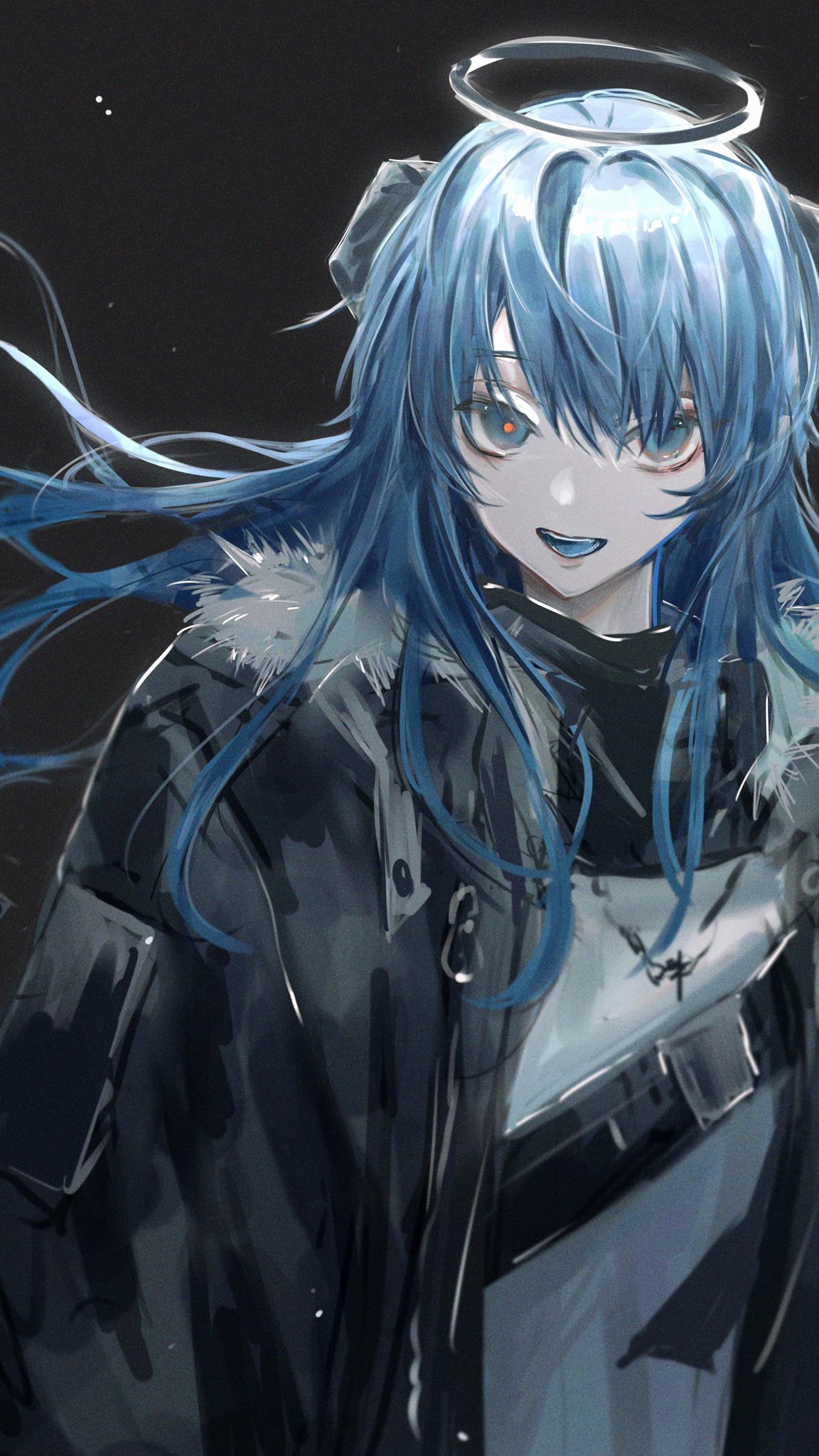 1girl arknights black_background black_coat blue_eyes blue_hair blue_tongue coat colored_tongue fur-trimmed_coat fur_trim halo highres horns jewelry long_hair mostima_(arknights) necklace open_clothes open_coat open_mouth pomopomoinu red_pupils shirt simple_background solo upper_body white_shirt