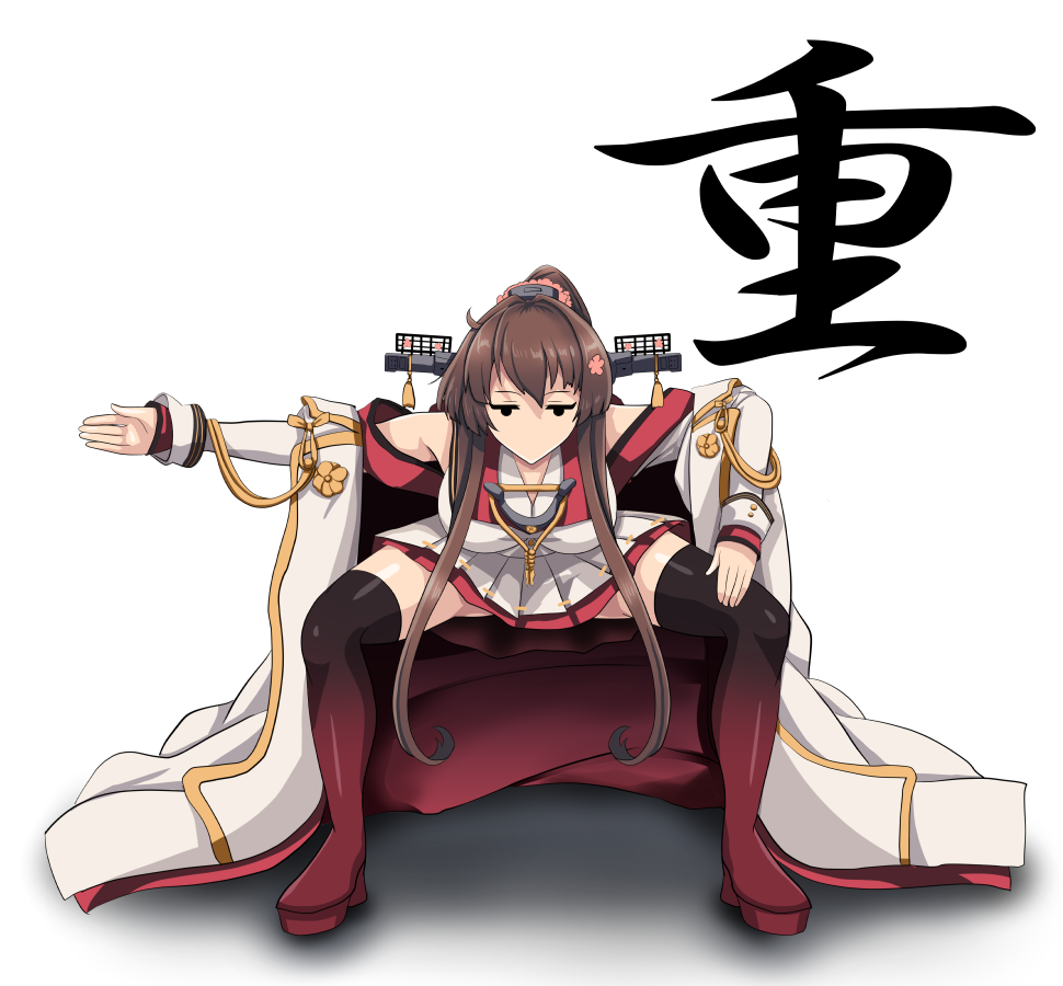 1girl black_legwear breasts brown_hair coat flower hair_flower hair_ornament kantai_collection large_breasts long_coat long_hair open_clothes open_coat pink_flower pleated_skirt ponytail simple_background skirt solo sumo thigh-highs tk8d32 very_long_hair white_background white_coat white_skirt yamato_(kancolle) yamato_kai_ni_(kancolle)