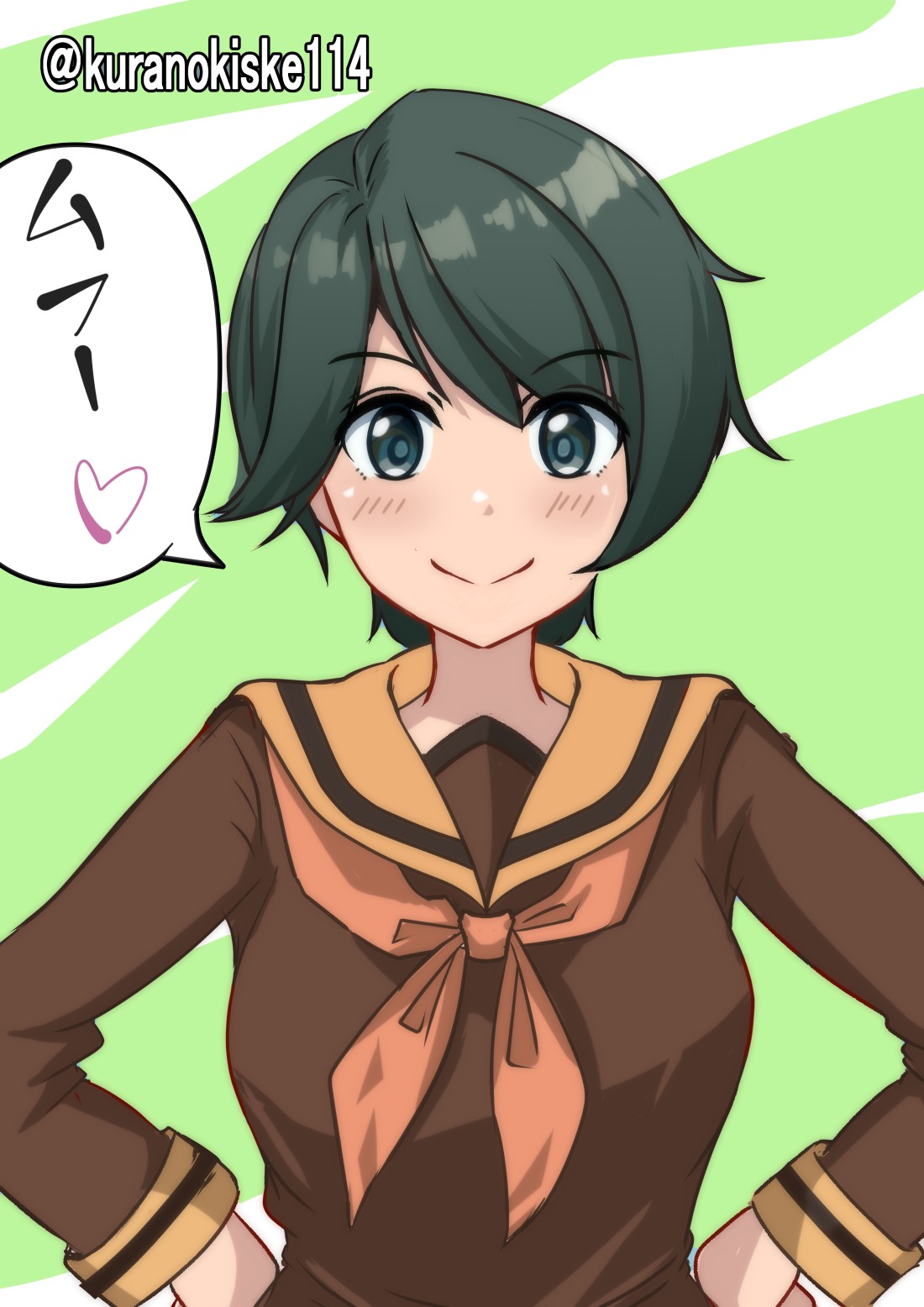 1girl bangs black_hair brown_sailor_collar brown_serafuku brown_shirt commentary_request green_background green_eyes hands_on_hips highres kantai_collection kurano_kisuke looking_at_viewer mogami_(kancolle) mogami_kai_ni_(kancolle) neckerchief one-hour_drawing_challenge orange_neckerchief sailor_collar school_uniform serafuku shirt short_hair smile solo swept_bangs twitter_username upper_body