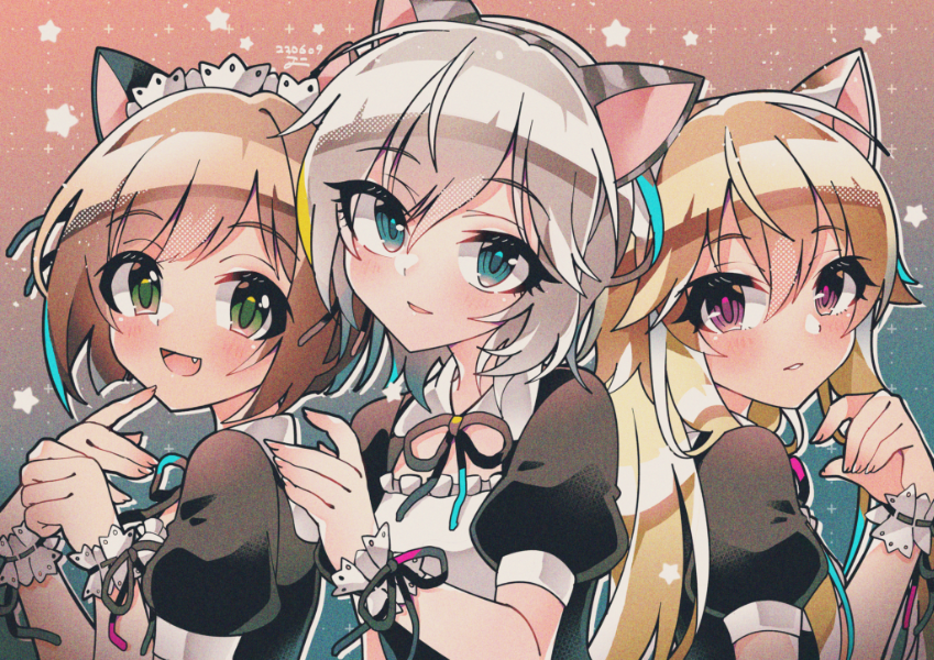 3girls alternate_costume anastasia_(idolmaster) animal_ears black_hairband blush cat_ears cleavage_cutout clothing_cutout enmaided fake_animal_ears fang gradient gradient_background hairband idolmaster idolmaster_cinderella_girls looking_at_viewer maekawa_miku maid multiple_girls neck_ribbon ninomiya_asuka puffy_short_sleeves puffy_sleeves ribbon short_sleeves smile star_(symbol) upper_body wrist_cuffs zy_jomi