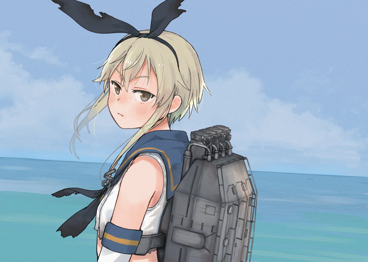 1girl alternate_hair_length alternate_hairstyle annin_musou black_neckerchief blonde_hair blue_sailor_collar blush brown_eyes closed_mouth crop_top day elbow_gloves gloves hair_between_eyes kantai_collection machinery neckerchief ocean rigging sailor_collar school_uniform serafuku shimakaze_(kancolle) short_hair sleeveless solo upper_body white_gloves