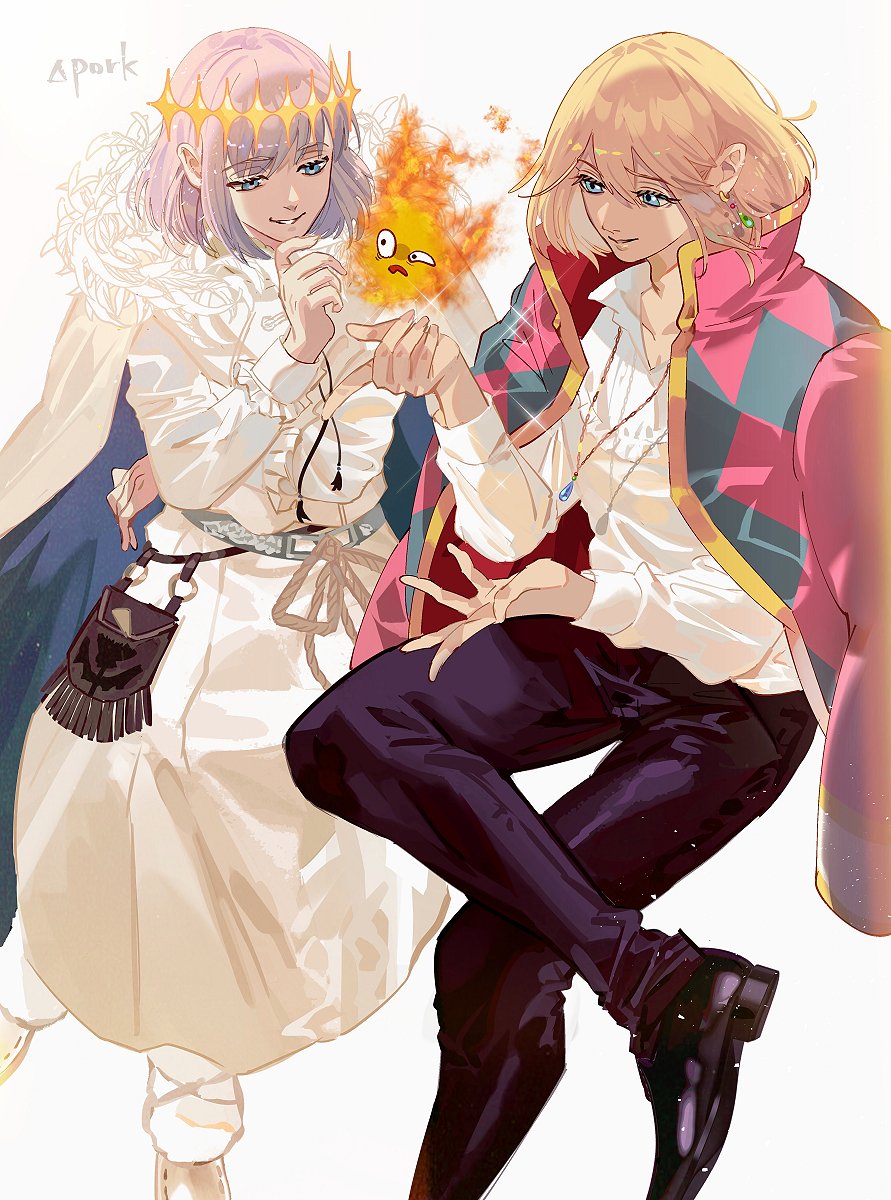 2boys artist_name bangs belt black_footwear black_pants blonde_hair blue_eyes bob_cut calcifer cape coat coat_on_shoulders collared_shirt crossed_legs crossover crown deltapork drawstring earrings fate/grand_order fate_(series) feather_trim feet_out_of_frame fire floating_hair fringe_trim grey_hair hairstyle_connection hand_up highres howl_(howl_no_ugoku_shiro) howl_no_ugoku_shiro invisible_chair jewelry light_particles long_sleeves looking_at_another looking_away multiple_boys necklace oberon_(fate) pants parted_lips pendant pointy_ears pouch rope shirt shoes sideways_glance simple_background sitting smile smirk sparkle talking uneven_eyes white_background white_cape white_pants white_robe white_shirt