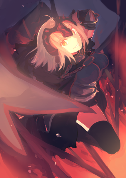 1girl ahoge black_legwear breasts chain cloak fate/grand_order fate_(series) flag grey_hair headpiece holding holding_flag holding_weapon jeanne_d'arc_alter_(avenger)_(fate) jeanne_d'arc_alter_(fate) looking_at_viewer noname1995 short_hair smile solo thigh-highs weapon yellow_eyes