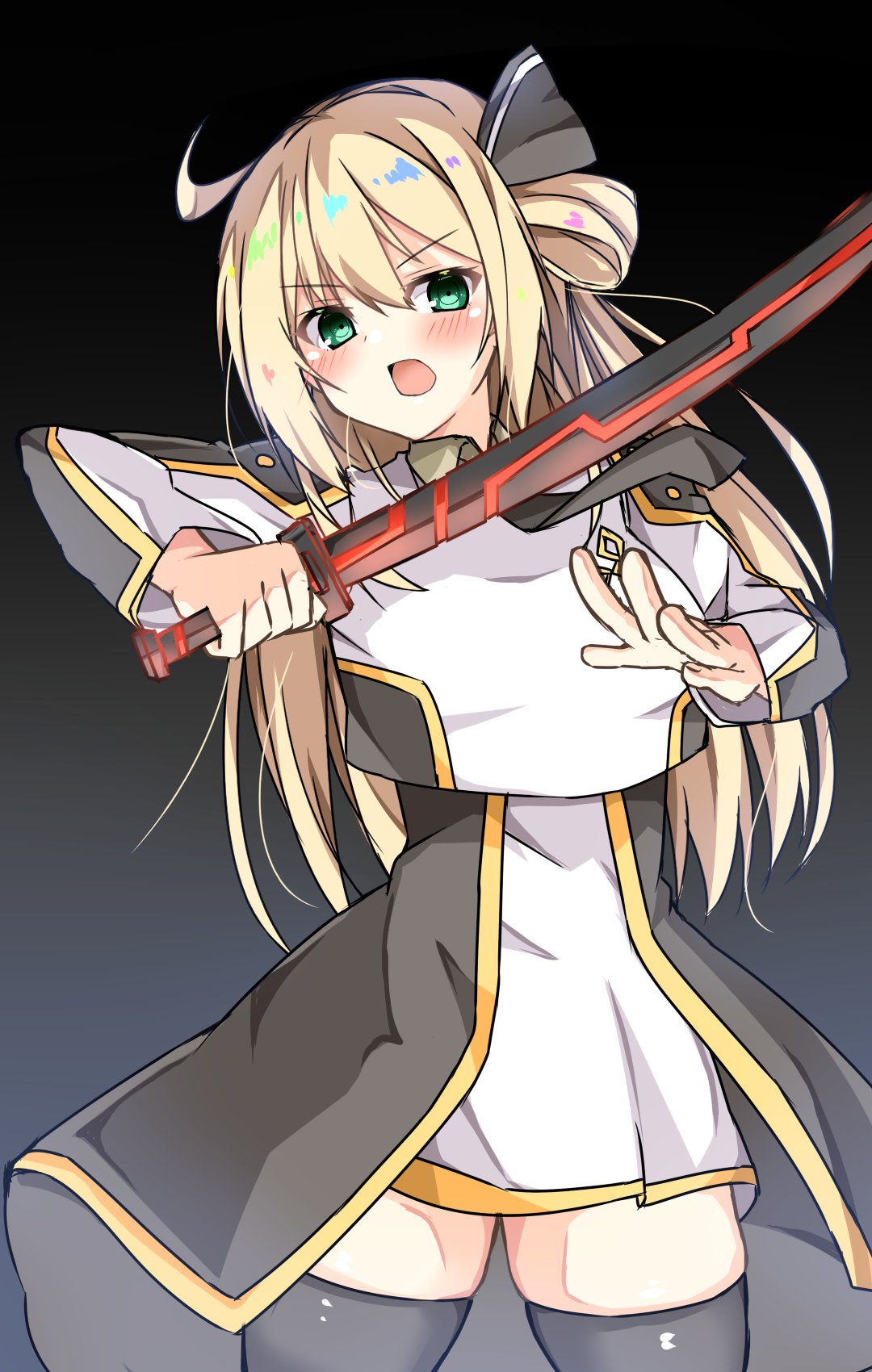 1girl alternate_breast_size black_background black_dress black_legwear blonde_hair blush breasts dot_nose dress duel_monster green_eyes highres holding katana large_breasts long_hair long_sleeves looking_at_viewer open_mouth ponytail raion_(inoueraion) simple_background sky_striker_ace_-_raye solo sword thigh-highs two-tone_dress weapon white_dress yu-gi-oh!
