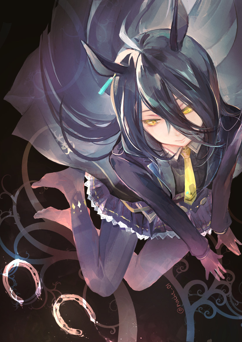 1girl animal_ears banned_artist black_gloves black_hair black_jacket black_legwear black_skirt closed_mouth full_body gloves horse_ears horse_girl jacket long_hair long_sleeves manhattan_cafe_(umamusume) nacht necktie pantyhose pleated_skirt skirt solo umamusume yellow_eyes yellow_necktie