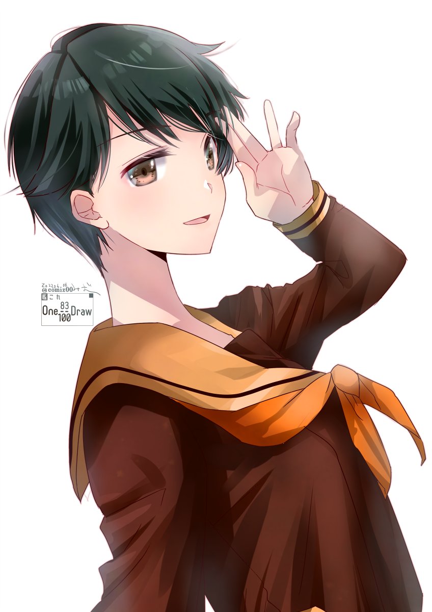 1girl bangs black_hair brown_eyes brown_serafuku highres kantai_collection kimura_shiki mogami_(kancolle) mogami_kai_ni_(kancolle) neckerchief one-hour_drawing_challenge orange_neckerchief orange_sailor_collar sailor_collar school_uniform serafuku short_hair simple_background solo swept_bangs upper_body white_background