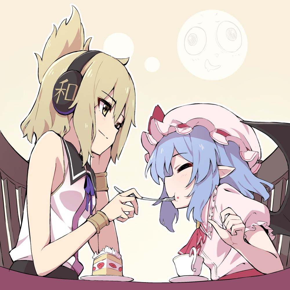 2girls ascot bangs bare_arms bare_shoulders bat_wings blue_hair blush bracelet chair closed_eyes cup dress earmuffs eating eyebrows_visible_through_hair feeding grey_background hair_between_eyes hat holding jewelry kochi_michikaze mob_cap multiple_girls neck_ribbon pink_shirt plate pointy_ears pointy_hair profile puffy_short_sleeves puffy_sleeves purple_ribbon red_ribbon remilia_scarlet ribbon shirt short_hair short_sleeves sitting sleeveless smile teacup touhou toyosatomimi_no_miko upper_body white_headwear white_shirt wings