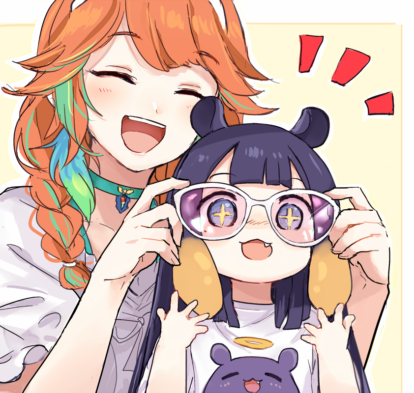 2girls bangs blunt_bangs braid choker closed_eyes glasses green_hair hololive hololive_english long_hair multicolored_hair multiple_girls ninomae_ina'nis open_mouth orange_hair purple_hair shirt simple_background smile takanashi_kiara tako_(ninomae_ina'nis) tentacle_hair virtual_youtuber white_shirt younger yuuyu_(777)