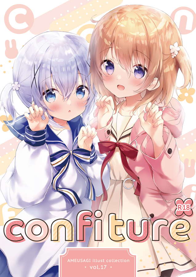 2girls :d amedamacon black_legwear blue_bow blue_eyes blue_hair blue_sailor_collar blush bow chestnut_mouth commentary_request cover cover_page dress flower gochuumon_wa_usagi_desu_ka? hair_flower hair_ornament hood hood_down hooded_jacket hoto_cocoa jacket kafuu_chino long_sleeves multiple_girls one_side_up open_clothes open_jacket pantyhose parted_lips pink_jacket pleated_skirt puffy_long_sleeves puffy_sleeves red_bow sailor_collar sailor_dress shirt skirt sleeves_past_wrists smile striped striped_bow twintails white_dress white_flower white_shirt white_skirt x_hair_ornament