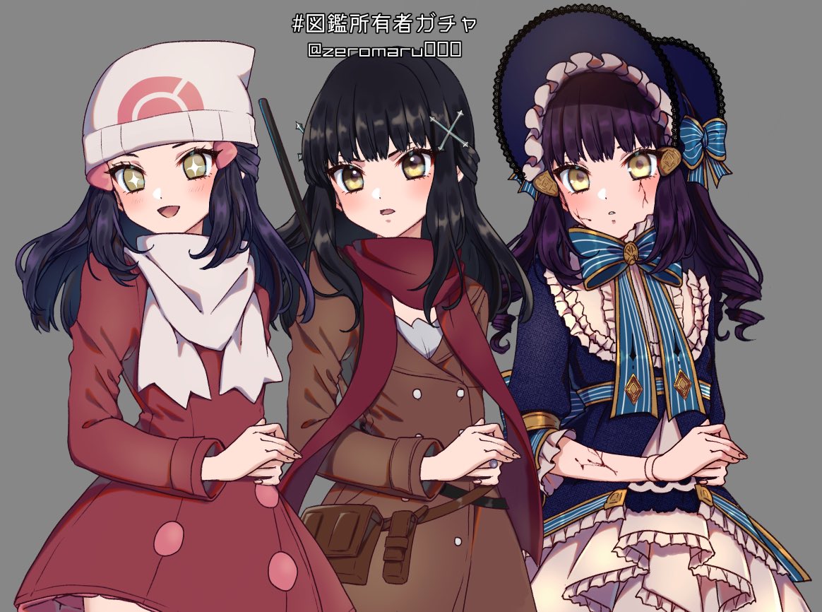 +_+ 1girl bangs beanie black_hair bonnet brown_bag brown_coat buttons coat commentary_request grey_background hair_ornament hairclip hat hikari_(pokemon) long_hair long_sleeves mokorei multiple_views open_mouth poke_ball_print pokemon pokemon_adventures purple_hair red_coat red_scarf scarf simple_background smile translation_request twitter_username white_headwear white_scarf yellow_eyes