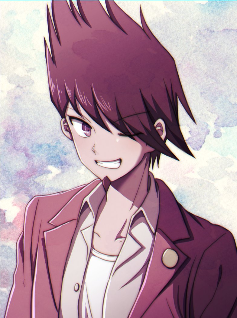 1boy bangs collarbone danganronpa_(series) danganronpa_v3:_killing_harmony eyebrows_visible_through_hair facial_hair goatee grey_shirt grin jacket looking_at_viewer momota_kaito multicolored_background one_eye_closed open_clothes open_jacket open_shirt pink_jacket portrait shiny shiny_hair shirt smile solo symbol-only_commentary tansug_(tansuk88) teeth white_shirt