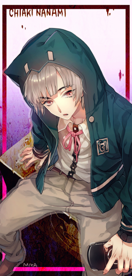 1boy animal_ears arm_support artist_name bangs black_shirt brown_eyes brown_hair brown_pants commentary_request danganronpa_(series) danganronpa_2:_goodbye_despair dress_shirt fake_animal_ears genderswap genderswap_(ftm) green_jacket grey_shirt handheld_game_console holding holding_handheld_game_console hood hood_up hooded_jacket jacket long_sleeves male_focus minikocul multicolored_background nanami_chiaki neck_ribbon pants pink_ribbon playstation_portable ribbon shiny shiny_hair shirt shirt_tucked_in short_hair solo