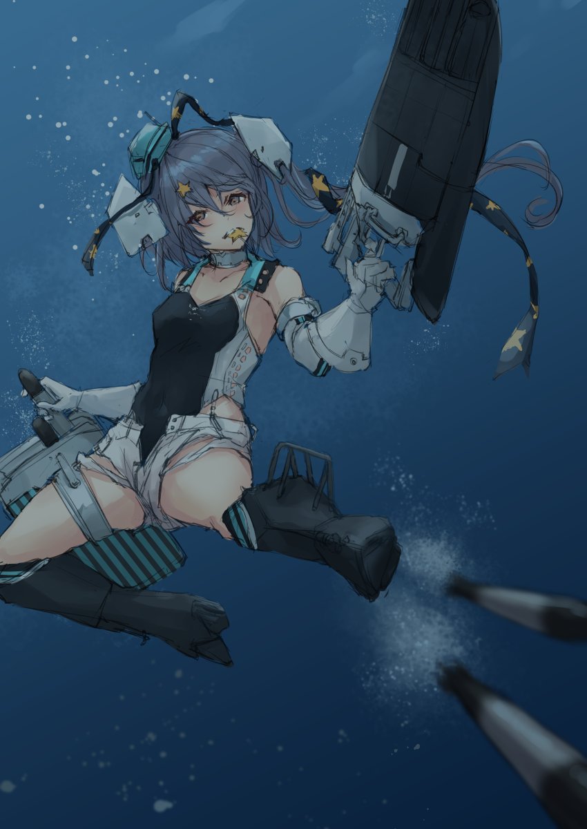 1girl brown_eyes bubble candy competition_swimsuit food garrison_cap gloves hair_ribbon hat headgear highleg highleg_swimsuit highres k_jie kantai_collection lollipop long_hair looking_at_viewer machinery one-piece_swimsuit ribbon scamp_(kancolle) short_hair short_shorts shorts side_ponytail swimsuit torpedo underwater