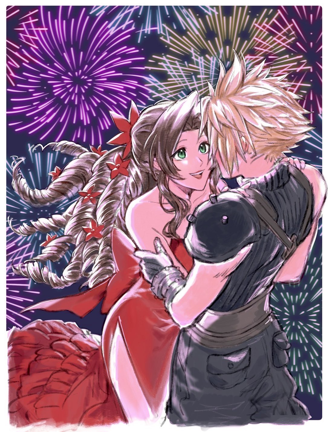 1boy 1girl aerith_gainsborough armor back_bow baggy_pants bangs belt blonde_hair bow brown_hair cloud_strife couple dress final_fantasy final_fantasy_vii final_fantasy_vii_remake fireworks flamenco_dress flower gloves green_eyes hair_flower hair_ornament hair_ribbon hand_on_another's_arm hands_on_another's_chest highres kivavis long_dress long_hair multiple_belts open_mouth pants parted_bangs ponytail red_dress ribbon ringlets shoulder_armor sidelocks sleeveless sleeveless_turtleneck smile spiky_hair strapless strapless_dress suspenders teeth turtleneck upper_body upper_teeth