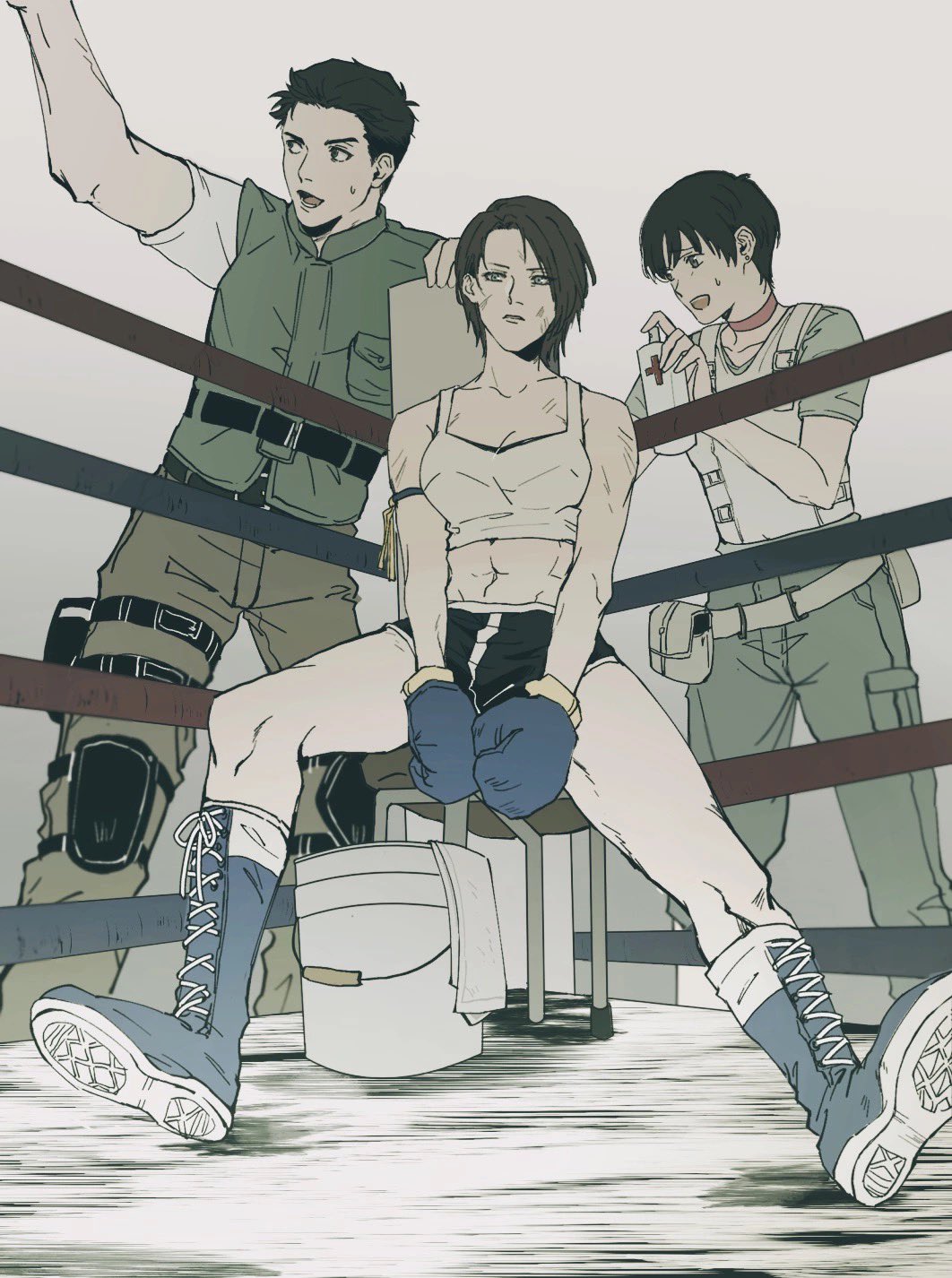 1boy 2girls abs blue_eyes blush boxing_gloves breasts brown_hair chris_redfield fingerless_gloves gloves green_eyes highres jill_valentine medium_breasts mihael66 multiple_girls muscular muscular_female open_mouth rebecca_chambers resident_evil resident_evil_1 short_hair shorts sweat