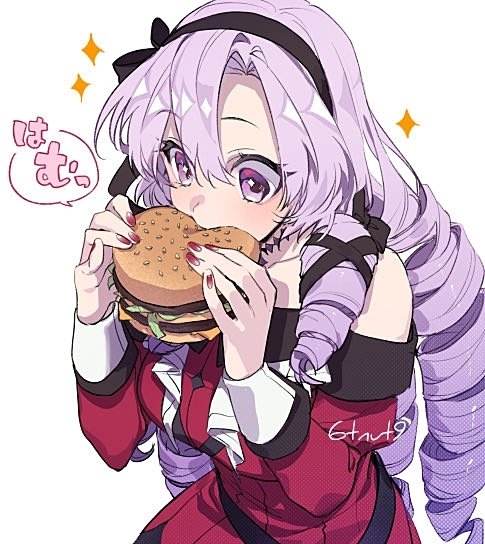 1girl 6tnut9 bangs breasts burger dress drill_hair eating food hair_between_eyes holding holding_food hyakumantenbara_salome large_breasts long_hair long_sleeves looking_at_food nail_polish nijisanji purple_hair red_dress red_nails simple_background solo sparkle translation_request upper_body violet_eyes virtual_youtuber white_background