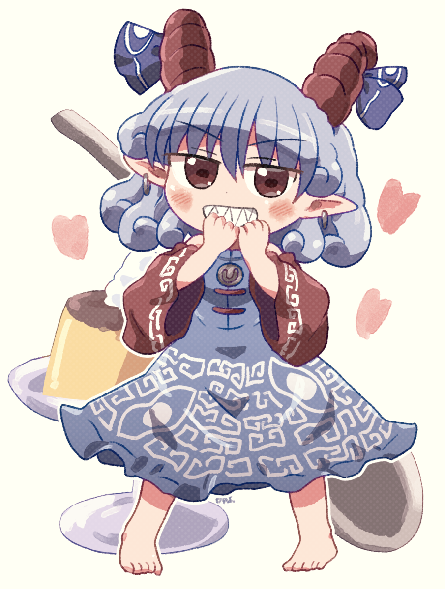1girl bare_shoulders blue_dress blue_ribbon blush brown_eyes detached_sleeves dress earrings eyebrows_visible_through_hair food grin hair_between_eyes heart horn_ornament horn_ribbon horns jewelry meandros oversized_object pointy_ears pudding red_horns red_sleeves ribbon rokugou_daisuke sharp_teeth sheep_horns short_hair signature simple_background smile solo spoon square_pupils teeth touhou toutetsu_yuuma white_background white_hair